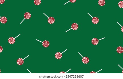 Winter holiday concept.Christmas and new year banner,poster with lollipops.Christmas design for wrapping paper,greeting card isolated on green background.Vector illustration.