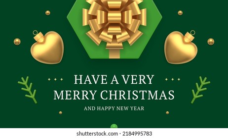 Winter holiday congrats banner template green gift box with golden decorative bauble top view 3d icon vector illustration. Merry Christmas Happy New Year festive present surprise spruce heart toy