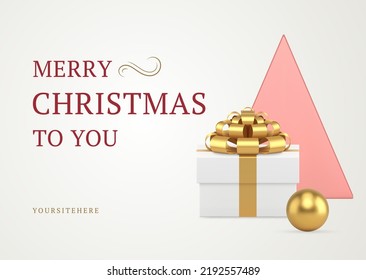 Winter holiday congratulations elegant greeting card template design realistic 3d icon vector illustration. Happy New Year web banner premium gift box golden ball toy geometric triangle pyramid