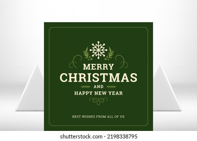 Winter holiday congratulations green vintage greeting card snowflake and mistletoe ornate vector illustration. Merry Christmas traditional celebration banner retro curved ornament best wishes congrats
