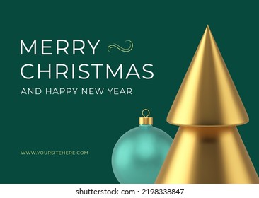 Winter holiday congratulations greeting card template premium spruce bauble realistic 3d icon vector illustration. Merry Christmas green ball toy fir tree luxury web banner decorative design