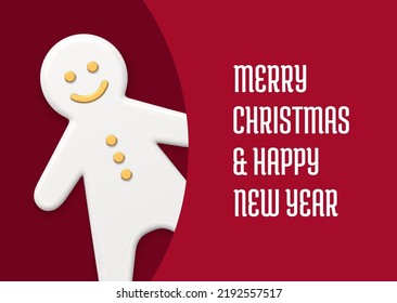 Winter holiday congratulations red greeting card template realistic design 3d icon vector illustration. Merry Christmas festive celebration banner gingerbread man spruce bauble decor premium layout