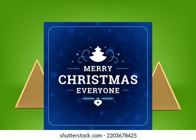 Winter holiday congratulations vintage greeting card blue snow particles decorative design vector illustration. Merry Christmas festive celebration banner premium curved ornament frost frozen spruce