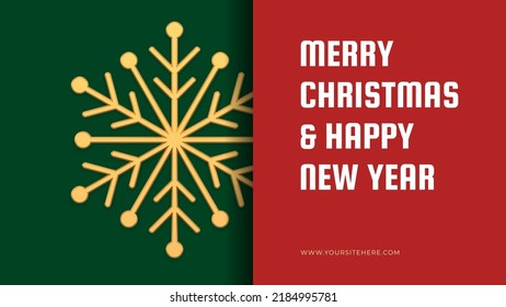 Winter holiday congratulations web banner template with golden premium hanged snowflake realistic 3d icon vector illustration. Merry Christmas green red poster decorative design festive event announce