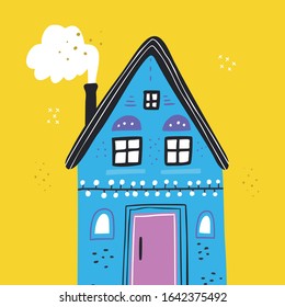 Winter holiday cottage facade flat vector illustration. Home sweet home. Real estate vector.