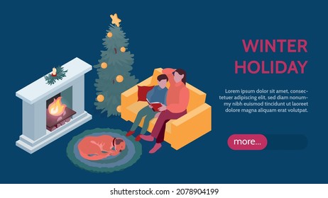 Winter holiday cozy evening horizontal banner with mum and boy reading book near fireplace christmas tree and sleeping dog isometric vector illustration