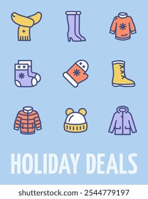 Winter Holiday Deals Concept Vertical Invitation Placard Poster Banner Card Template with Clothes Thin Line Icon Set. Vector illustration