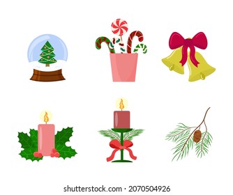 Winter Holiday Decor Design Set. Candles, Snowglobe, Candies, Bells Isolated. Vector Elements Collection. 