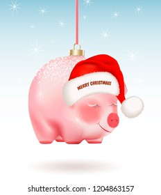 Winter holiday decor. Realistic cute piggy a chinese new year symbol on ribbon. Santa Claus hat with greeting Merry Christmas.. Vector illustration