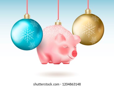 Winter holiday decor. Set of Realistic Christmas blue and golden Baubles and cute piggy a chinese new year symbol on ribbons. Realistic vector illustration