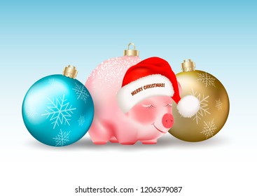 Winter holiday decor. Set of Realistic Christmas blue and golden Baubles and cute Santa Claus pig on blue background. Realistic vector illustration