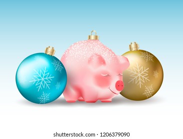 Winter holiday decor. Set of Realistic Christmas blue and golden Baubles and cute piggy a chinese new year symbol on blue background. Realistic vector illustration