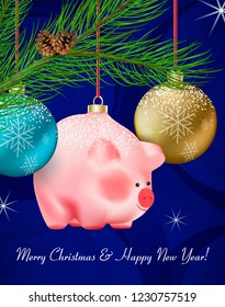 Winter holiday decor. Set of transparent Christmas blue and golden Baubles and cute piggy toy on ribbons on pine branch with cones on dark blue background with pattern. Realistic vector illustration
