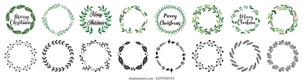 Winter holiday decor wreath collection. Green fir twigs wreath. Christmas wreath fir tree branches and berries. Round wreath frame for Christmas and New Year