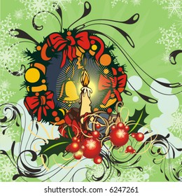 Winter holiday decoration background with candle, bell, ribbons, and snowflakes, vector illustration.