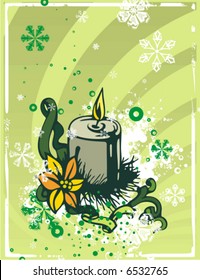 Winter holiday decoration background with a candle, ribbons and snowflakes, vector illustration.
