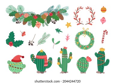 Winter holiday decorations. Christmas wreath, scandinavian style branches and xmas tree toys. Leaves, red berries and cacti with festive garlands vector clipart