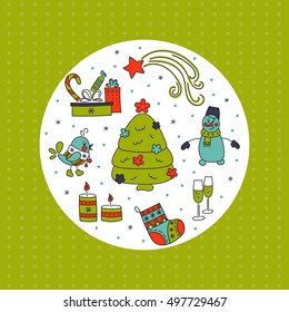 Winter holiday decorations. New Year and Christmas. Hand drawn thin line icons. Vector round banner template. For posters, cards, brochures and souvenirs, invitations, website designs.