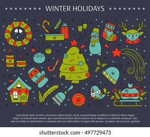 Winter holiday decorations. New Year and Christmas. Hand drawn thin line icons. Vector horizontal banner template. For posters, cards, brochures and souvenirs, invitations, website designs.