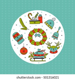 Winter holiday decorations. New Year and Christmas. Hand drawn thin line icons. Vector round banner template. For posters, cards, brochures and souvenirs, invitations, website designs.