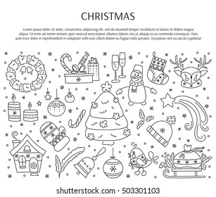 Winter holiday decorations. New Year and Christmas. Hand drawn thin line icons. Vector horizontal banner template. For posters, cards, brochures and souvenirs, invitations, website designs.