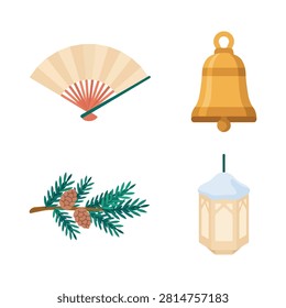 Winter holiday decorative set featuring a folding fan, a golden bell, a pine branch with cones, and a glowing lantern covered in white snow