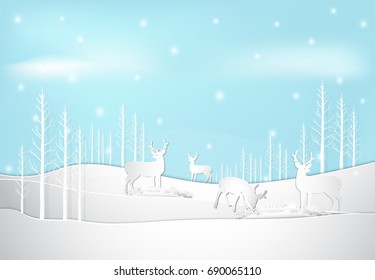 Winter holiday deer with snow and blue sky background. Christmas season paper art style illustration.
