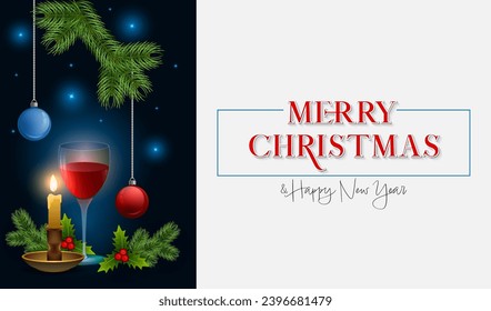 Winter holiday, design background with handwriting texts, Christmas tree branch, mistletoe and winwglass for Christmas celebration event;Vector illustration
