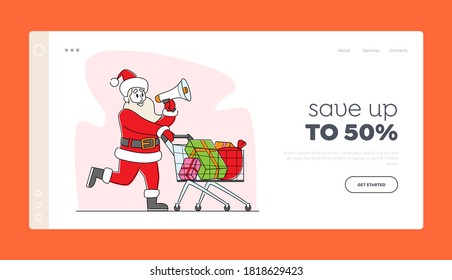 Winter Holiday Discount Landing Page Template. Santa Claus with Loudspeaker Pushing Shopping Trolley Announcing Christmas Sale. Xmas Character Ad or Congratulation. Linear People Vector Illustration