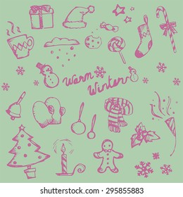Winter holiday doodle ornament icon and leisure fashion item and food candy collection set, create by vector