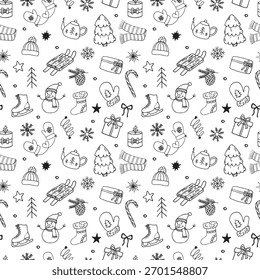 Patrón de doodle de vacaciones de invierno en blanco y negro que representa Navidades festivas y Elementos de año Nuevo. Ilustración vectorial