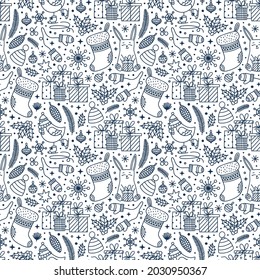 Winter Holiday doodle seamless pattern. Christmas stocking, plants,  skating bird, bunny, presents, warm outdoor clothes, snowflake. Vector outline background for print, textile, wrapping, gift paper