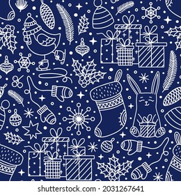 Winter Holiday doodle seamless pattern. Christmas plants, stocking, skating bird, bunny, presents, warm outdoor clothes, snowflake. Vector outline background for print, textile, wrapping, gift paper