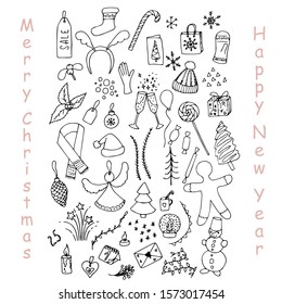 Winter holiday doodle set. Knitted mittens, hat, cristmas tree, gloves, calendar, snowmen, snowflax, angel, salut, gift box, gingerbread ink hand drawn sketch, New Year and Christmas design element bl