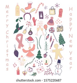 Winter holiday doodle set. Knitted mittens, hat, christmas tree, gloves, calendar, snowmen, snowflakes, angel, salut, gift box, gingerbread hand drawn, New Year and Christmas design element icon on wh