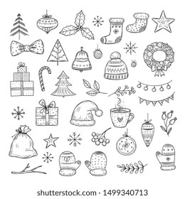 Winter holiday doodle set. Sketch christmas gift boxes, santa hats, and fir-trees, xmas garland. Vector isolated collection