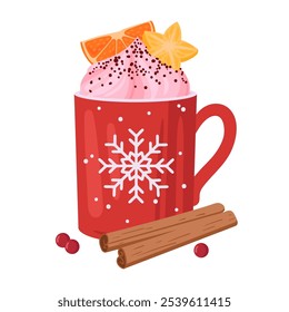 Winter holiday drink cup. Christmas hot drink mug, festive cup with hot cocoa, whipped cream with cinnamon sticks decor flat vector illustration. Xmas hot beverage