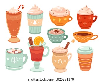 Winter holiday drinks. Mulled wine, hot cocoa whipped cream coffee. Isolated warm christmas cup latte tea chocolate marshmallow vector set