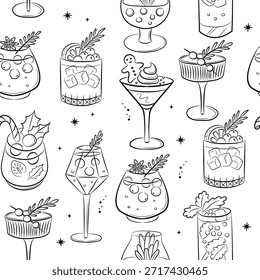 Winter holiday drinks seamless background. Christmas cocktails endless pattern.Christmas and New Year's drinks in glasses of various shapes. 