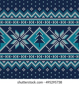 Winter Holiday Fair Isle Knitted Pattern with Snowflakes and Christmas Tree. Vector Seamless Knitting Wool Texture. Knitted Sweater Design