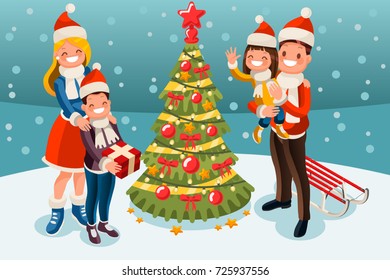 Winter holiday family and christmas tree. Parents and children smiling near christmas tree. Vector illustration kids in a flat style