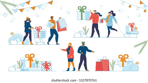 Winter Holiday Family Shopping, Seasonal Discounts, Christmas and New Year Celebration Sales Campaign Trendy Flat Vector Concept. Couples Choosing, Buying Gifts, Making Purchases on Sale Illustration