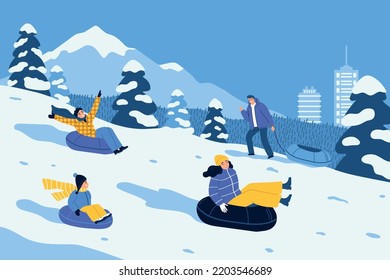 Winter holiday flat background with happy people sliding down hill on inflatable sledges vector illustration