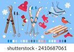 Winter holiday. Flat design. Winter sports flat icons set. Different equipment for skiing. Skis, goggles, ski suit, helmet, snowmobiling, socks and snowboard. Warm clothes for vacation.