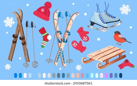 Winter holiday. Flat design. Winter sports flat icons set. Different equipment for skiing. Skis, goggles, ski suit, helmet, snowmobiling, socks and snowboard. Warm clothes for vacation.