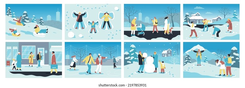 Winter holiday flat set with people in warm outwear having fun outdoors isolated vector illustration