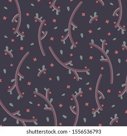 Winter holiday flat vector pattern. Pattern with mistletoe branches and snowflakes on a brown background.