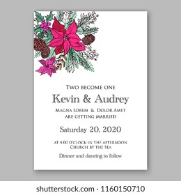 Winter holiday Floral vector background for christmas wedding bridal shower baby shower christening invitation greeting card Poinsettia rose peony anemone flower fir evergreen branch wreath