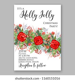 Winter holiday Floral vector background for christmas wedding bridal shower baby shower christening invitation greeting card Poinsettia rose peony anemone flower fir evergreen branch wreath