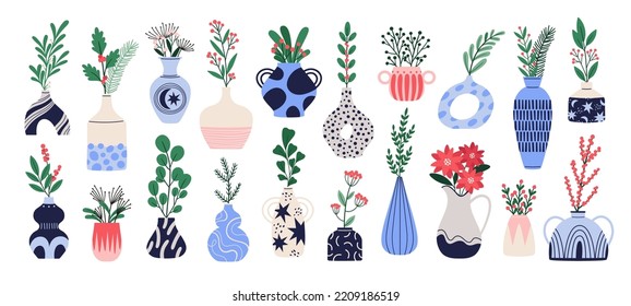 Winter holiday flower bouquets. Plants in vases, boho decorative home design elements. Isolated blue blossom branches, racy rustic vector collection